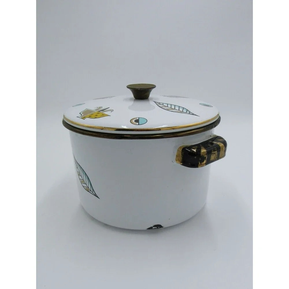VTG MCM 2 qt Sauce Pot Georges Briard Ambrosia Pineapple Enamelware 60s Retro